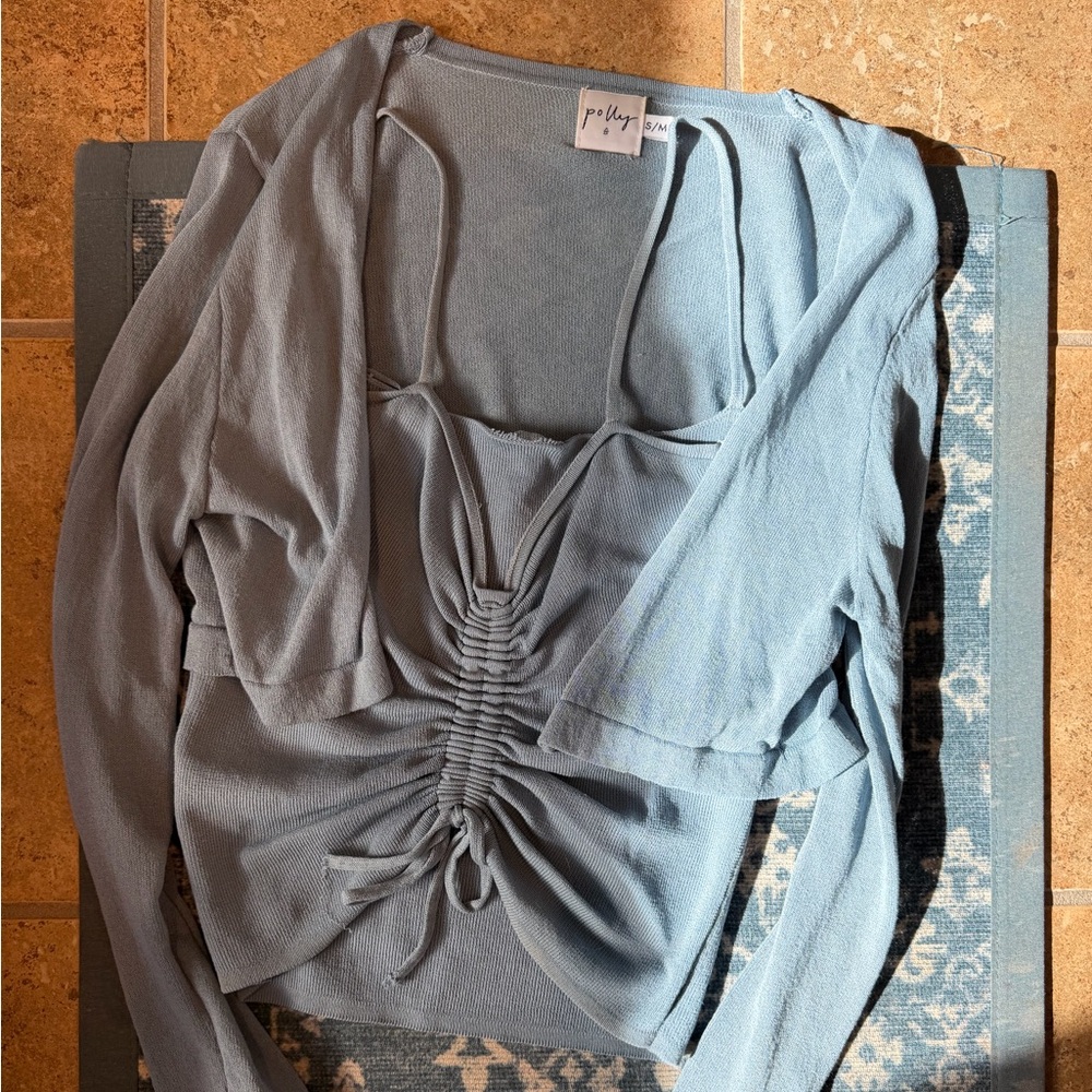 Oh Polly Powder Blue Ruched Long Sleeve Crop Top